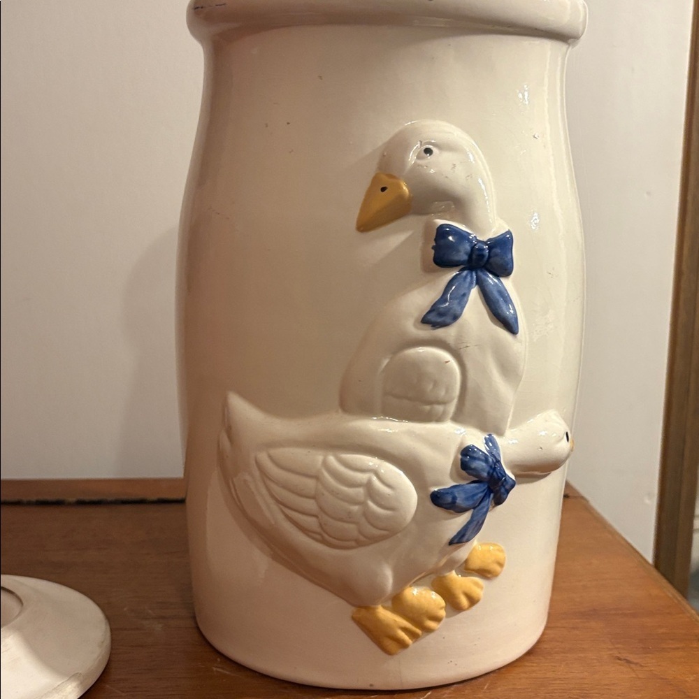 Large Country Geese Ducks Ceramic Butter Churner Crock Vintage 80s Rustic Farm - Picture 9 of 17